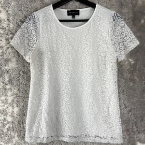 Premise Size S Floral Lace Casual Top White Short Sleeve Lined Stretch Pullover